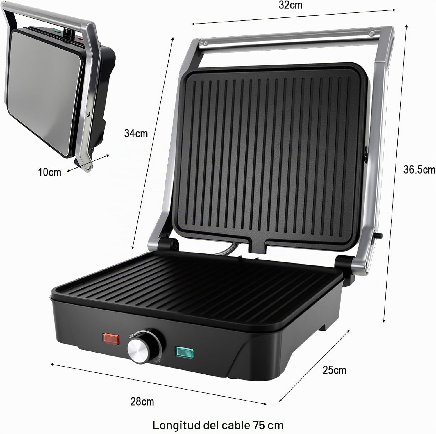 Parrilla Eléctrica, Grill, Sandwichera y Panini 2000W, Regulador de temperatura, apertura 180º, antiadherente, placa superior flotante, Cajetín Recogegrasa, 28 x 25 cm