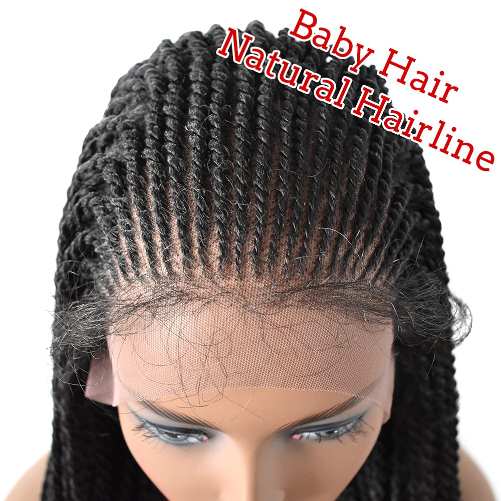 Box Braided Wigs with Baby Hair for Black Women Dutch Micro Twist Hand Braided Updo Bun Synthetic Swiss Lace Front Lightweight Cornrow Lace Braids Wig (LL30115EC, #1B Black)