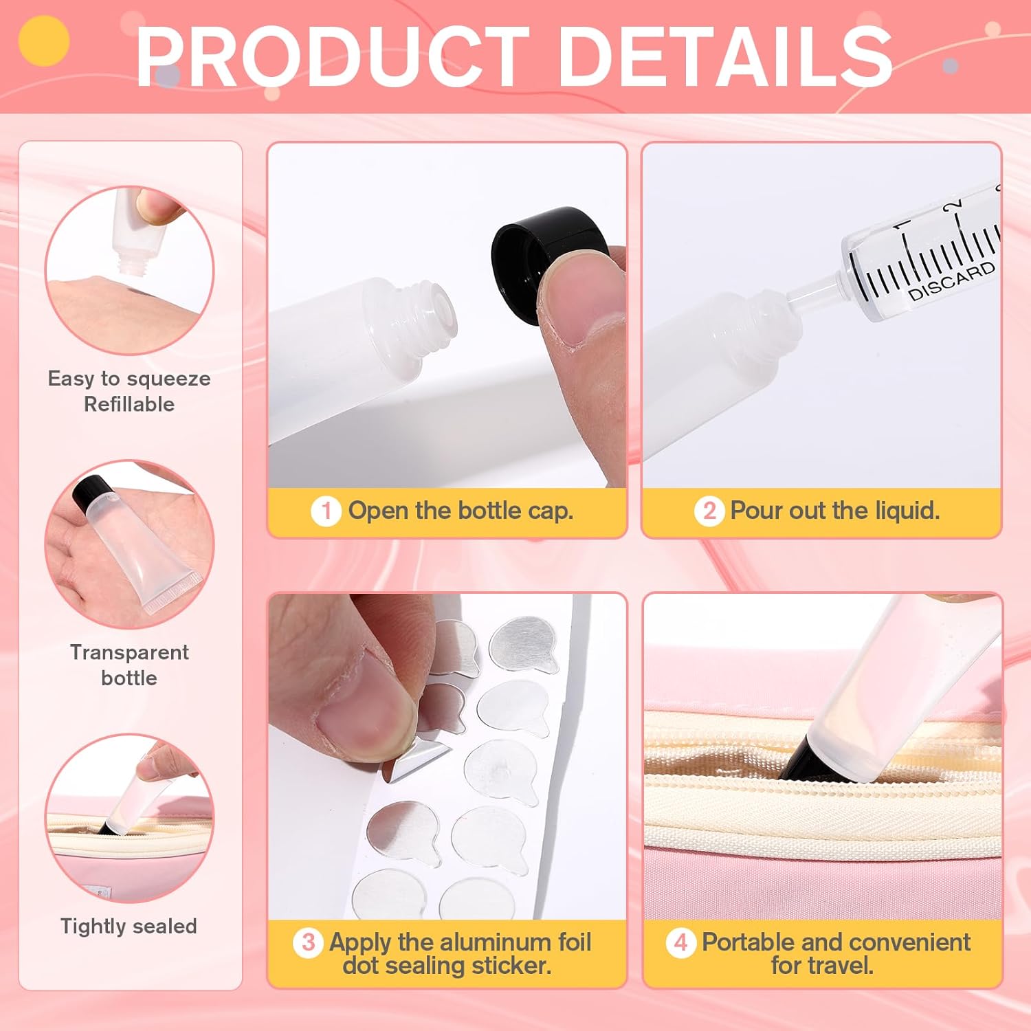 100 Pcs Reusable Travel Tube Container Plastic Squeeze Refillable Sample Bottle with Syringe Aluminum Foil Dot Seal Sticker Stopper for DIY Lotion Cream Shampoo Toothpaste (5 ml,Translucence)