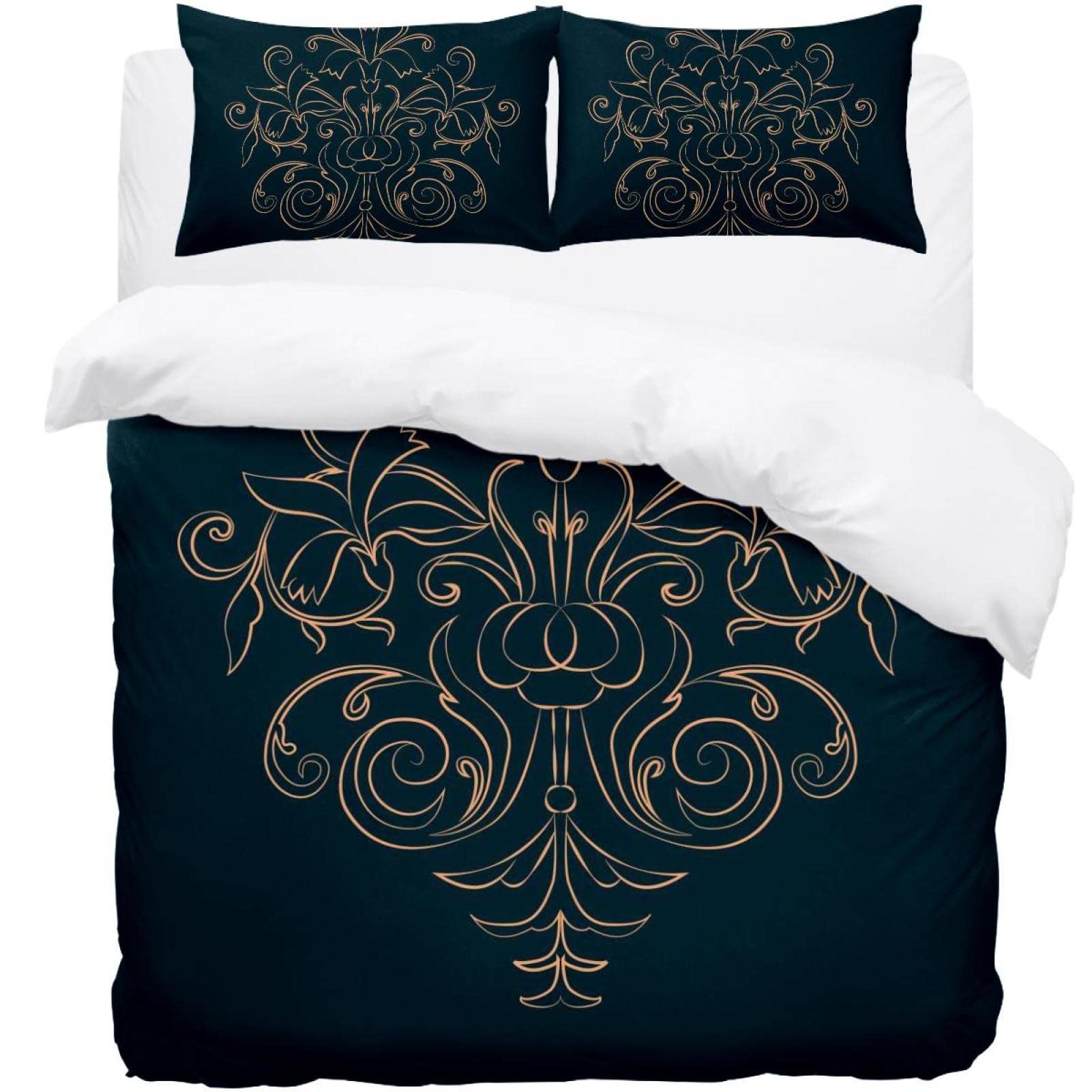 Housse de couette 3 pièces mandala floral bleu foncé pour lit double et Queen Size
