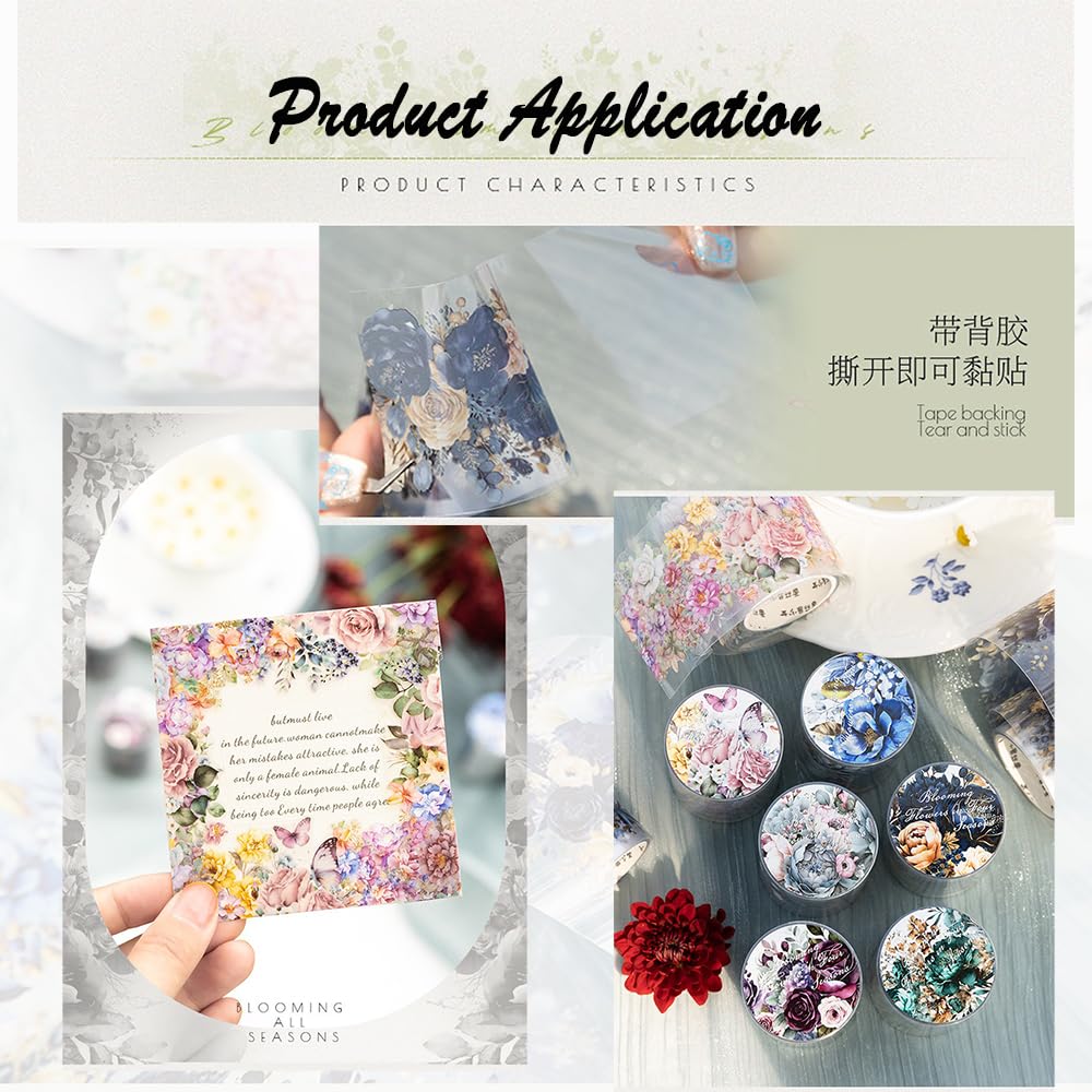 3 Rolls 236 Inch Floral PET Tape Decorative Flower Aesthetic Washi Stickers for Scrapbook Junk Bullet Journaling Supplies Arts DIY Crafts Journals Planners Scrapbooking Wrapping Length 6 M