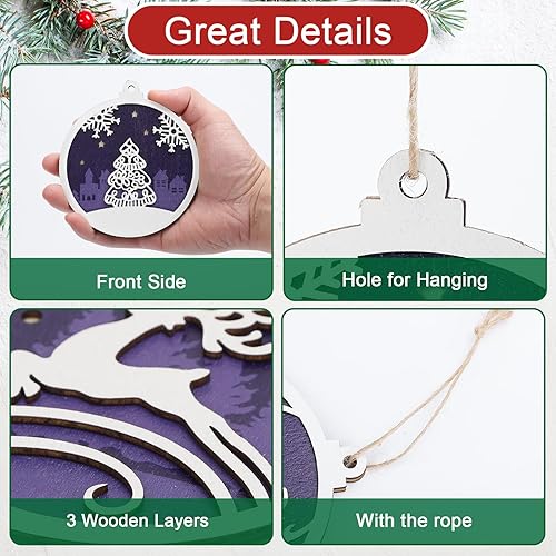 Miniatura 6 de 8 adornos para árboles de Navidad, madera hueca, bosque, reno, copo de nieve, adornos colgantes decorativos para vacaciones, Navidad, colgar en casa