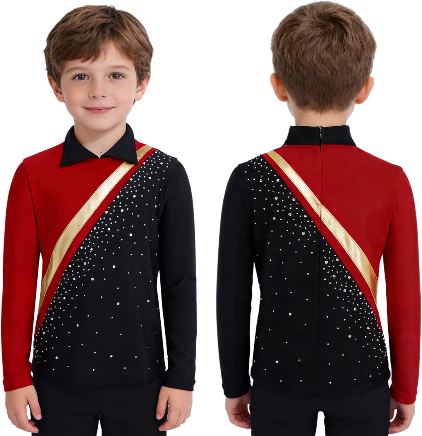 FEESHOW Boys Figure Ice Skating Top Long Sleeve Rhinestones Full Back Zipper Jazz Latin Cha Cha Dance Performance Shirt