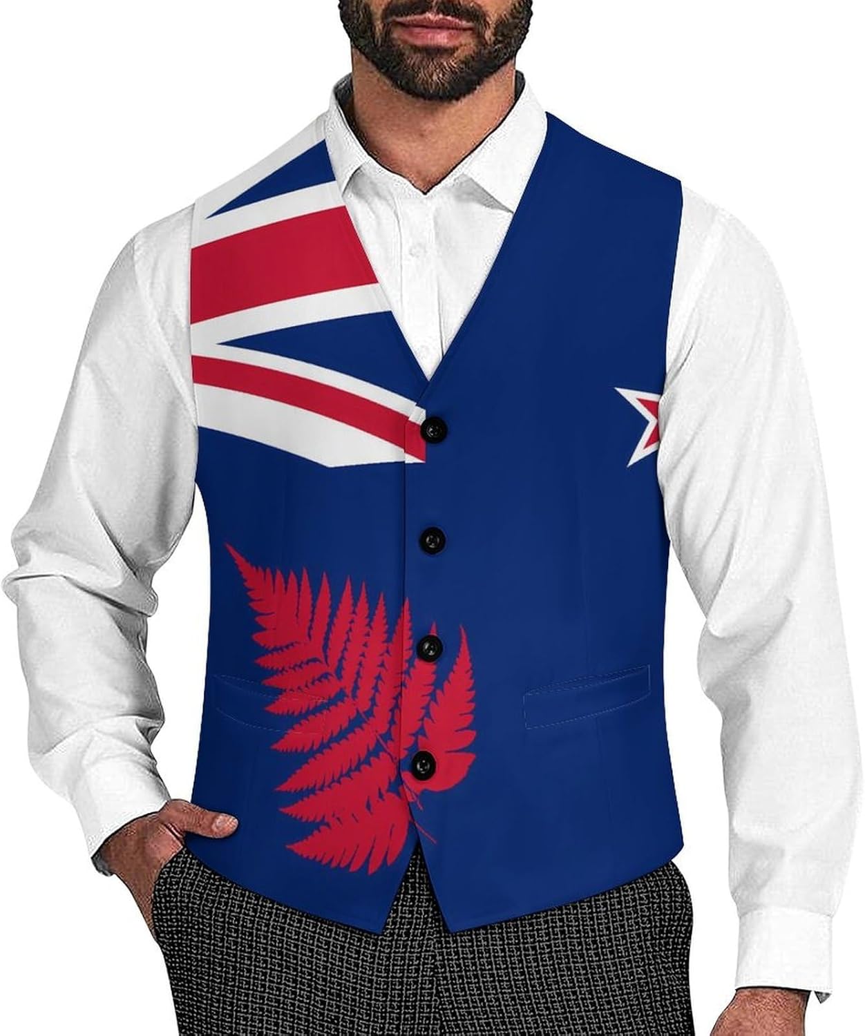 Newzealand Flag with Fern Leaves Men's Formal Suit Vest Slim Waistcoat for Business Tuxedo Dress