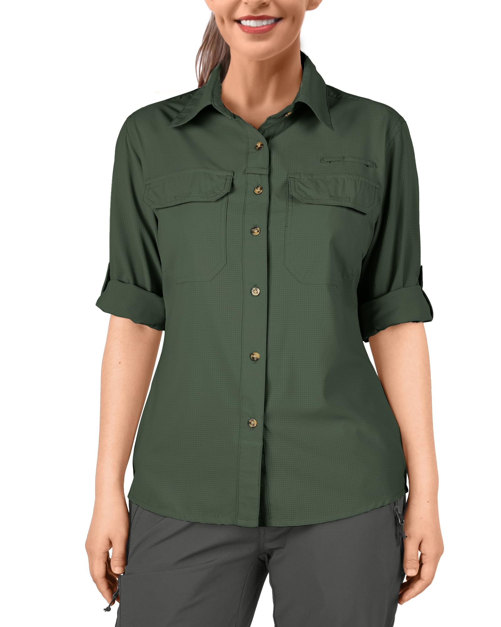 33,000ft Camicia da donna UPF50+, protezione UV, ad asciugatura rapida, per il tempo libero, a maniche lunghe, funzionale, per pesca, safari, viaggi, golf, verde scuro, L
