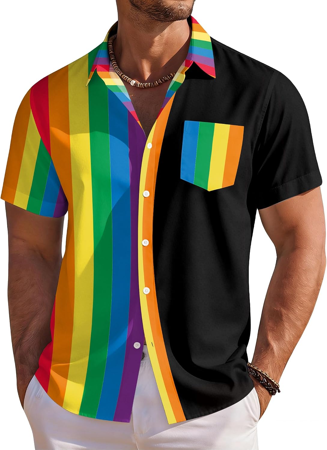 Pride Shirt Men Gay Pride Hawaiian Shirts LGBTQ Rainbow Graphic Outfit LGBT Equality Button Down Tee Tops