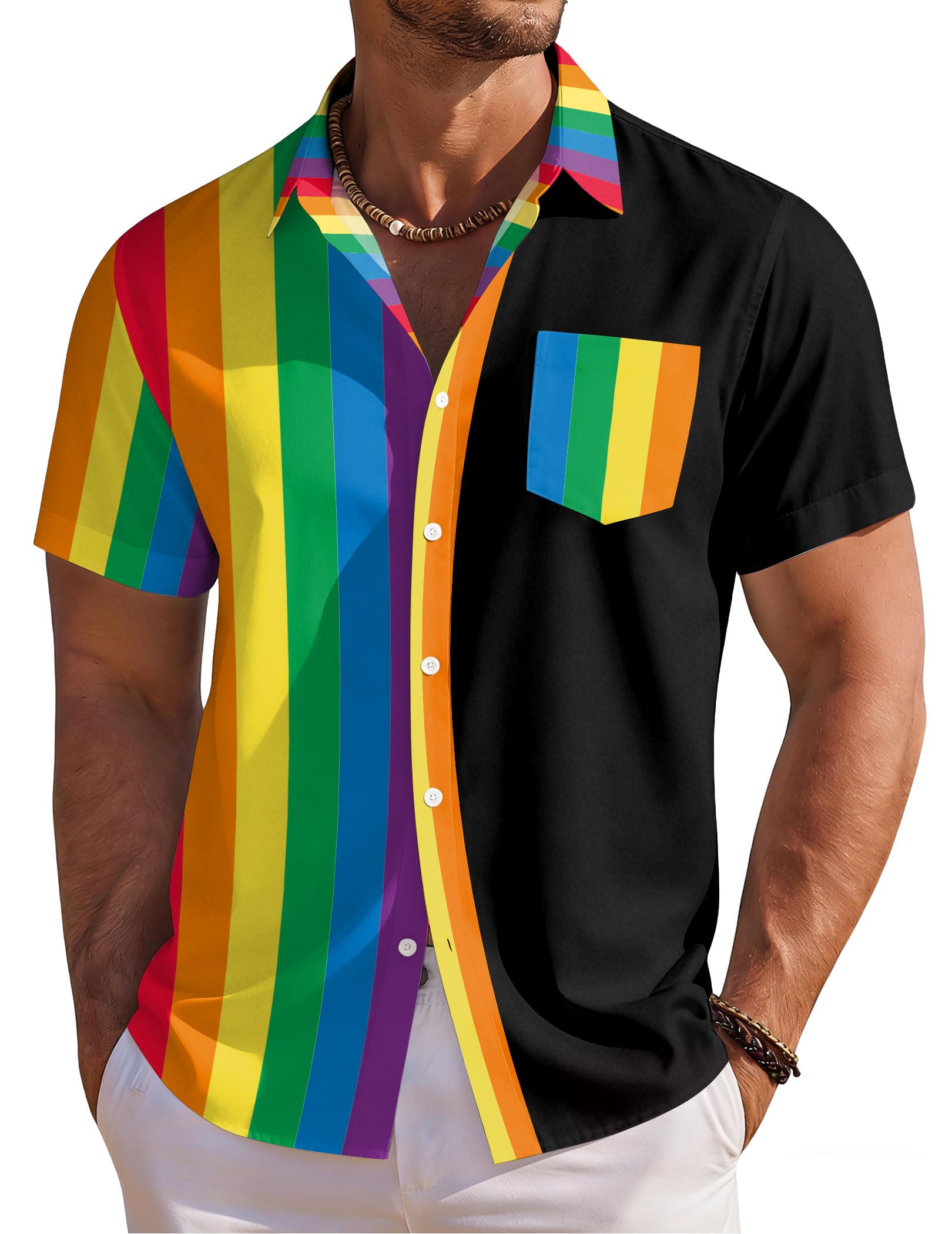 VVNTY Pride, camicia da uomo LGBTQ arcobaleno con bottoni, estiva, gay, LGBT, a maniche corte