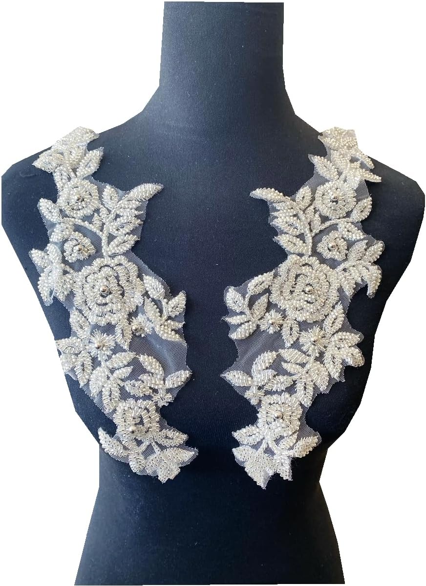 PLune Lace Beaded Applique Perfect Shining Trim Patches for Wedding Dress Clothing Accessories one Pair/Bag 5.5X12.9inches (Silver)