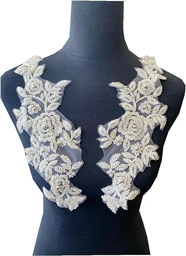 Vista 16 de PLune Apliques de encaje con cuentas, parches perfectos para vestidos de boda, accesorios de ropa, un par/bolsa, 5.5 x 12.9 pulgadas (blanco)