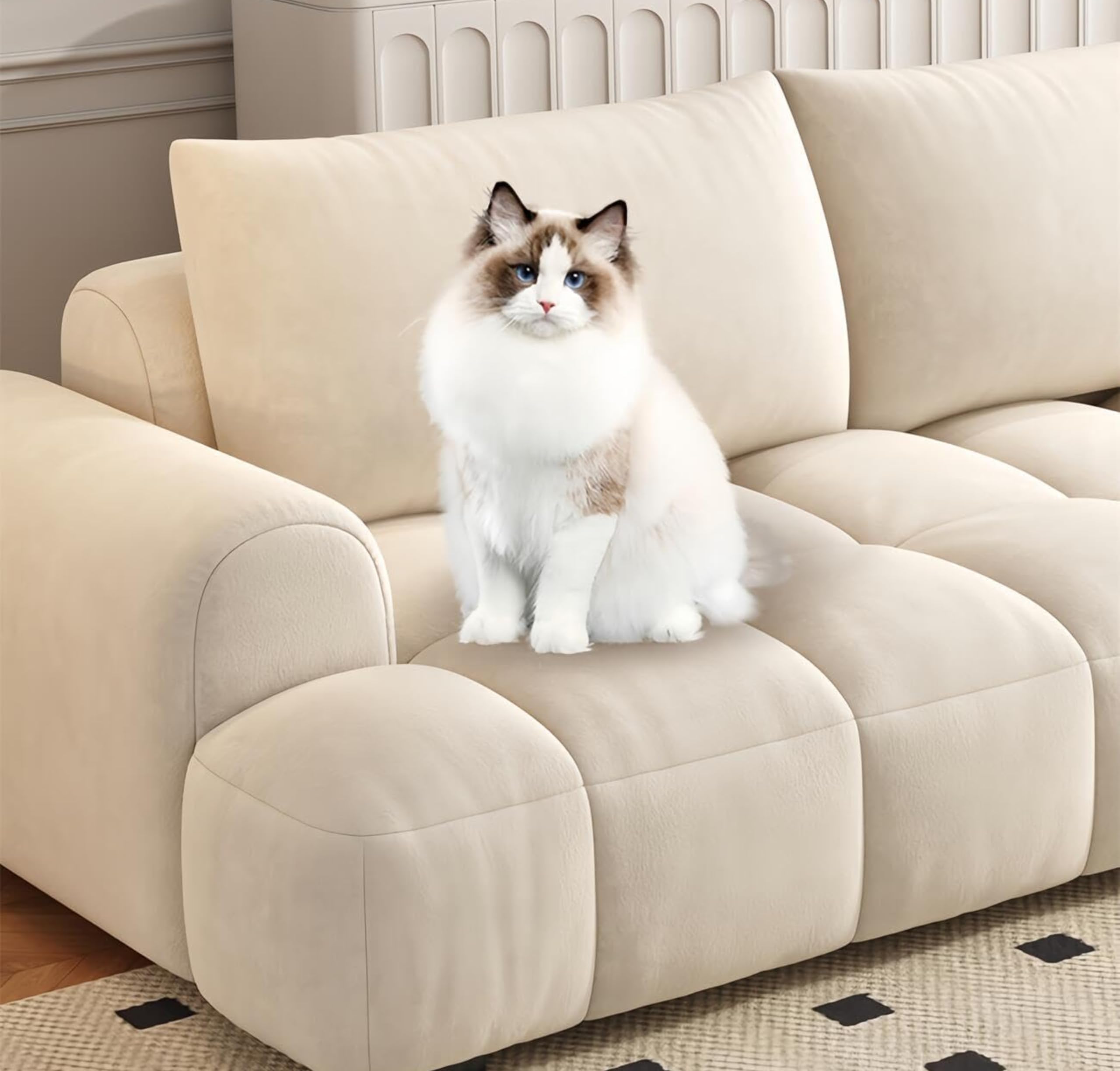 Comfynest Light Luxury Sofa Set - Classic Wool Upholstered Chaise with Throw Pillow, Off-White, Space-Saving Couch for Living Room and Bedroom, No Assembly Required (Puffy, Double Seater)