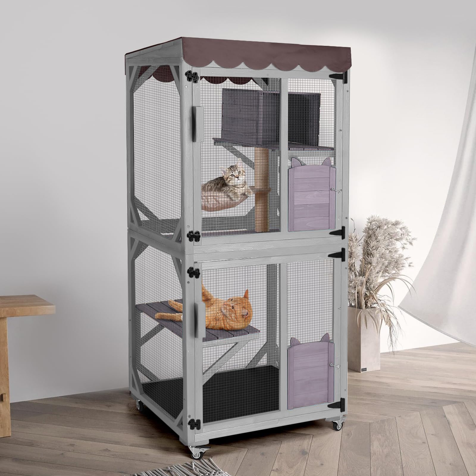 Akinerri Catio Outdoor Cat Enclosure,Cat House with Wheels,Upgraded cat Scratching Post，Resting Box,Waterproof Roof for Patio Garden (Grey, 31.5" L x 31.5" W x 70.9" H)
