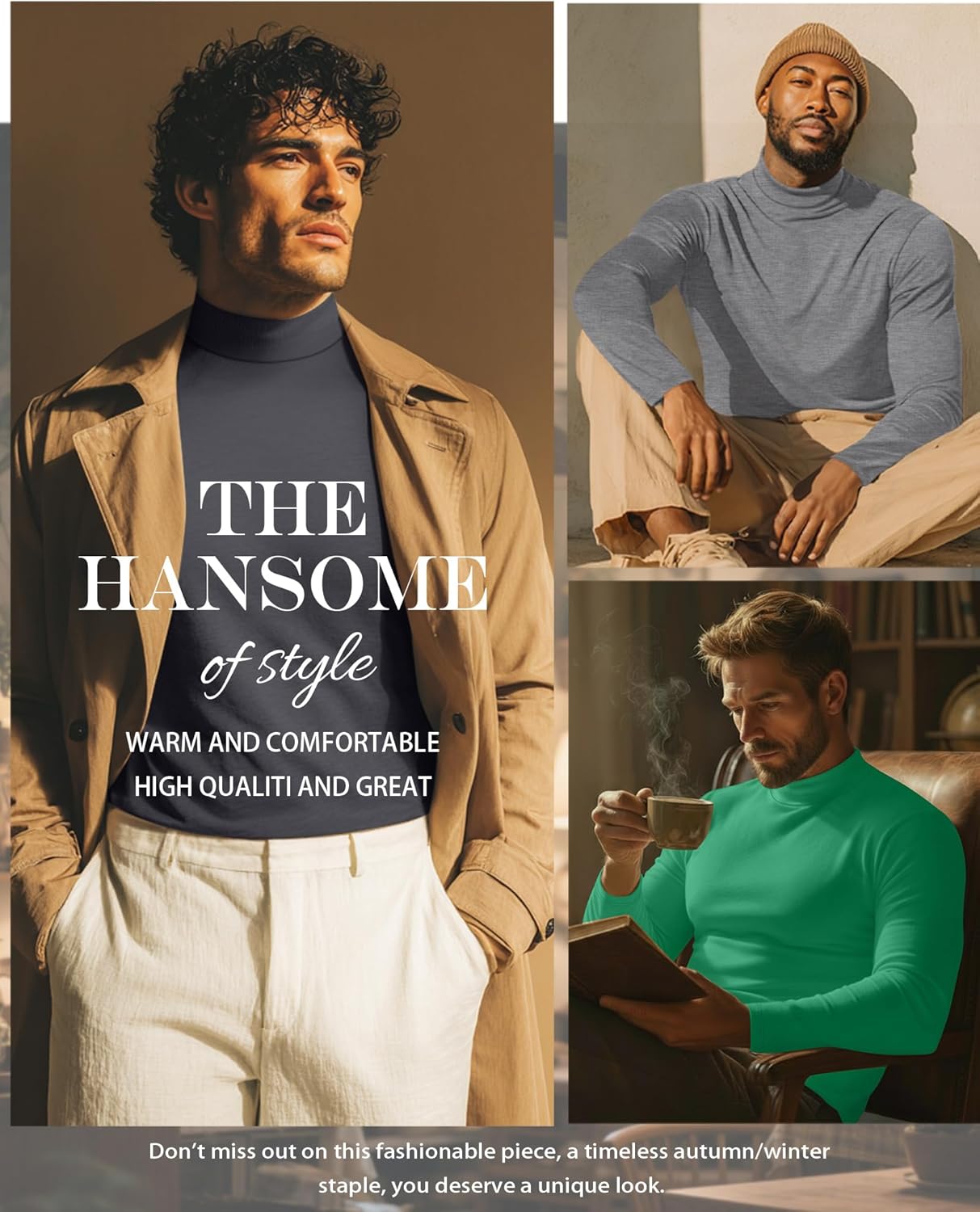 5 Pack Men's Mock Turtleneck Shirts, Long Sleeve Tops Pullover Basic Casual Slim Fit Lightweight T-Shirts Pack - Image 2