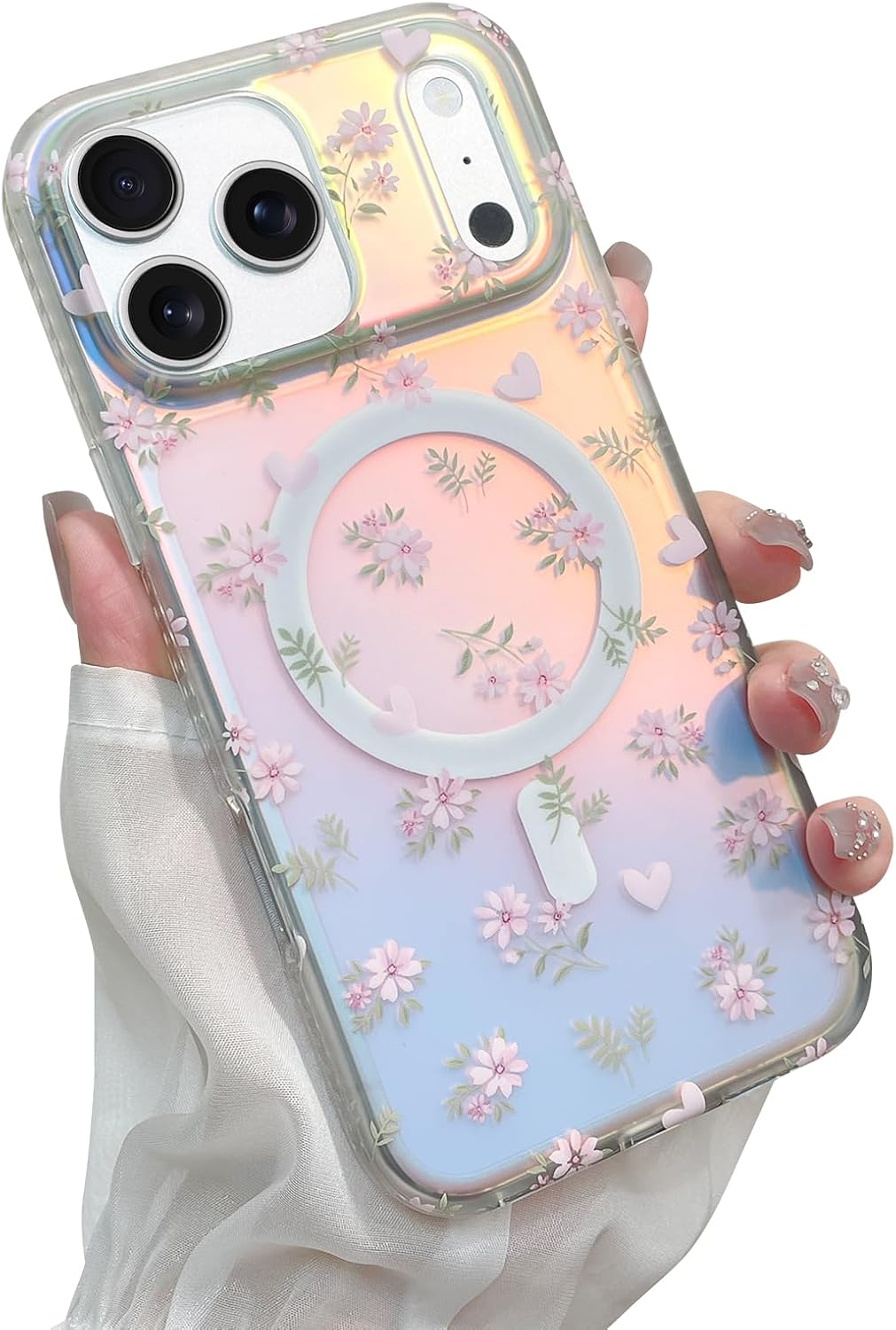 Magnetic Case for iPhone 17 Pro Max, Compatible with MagSafe, Cute Colorful Flowers for Women Girls, Aesthetic Glitter Iridescent Girly Pattern Slim Soft Full Protection TPU Bumper, White