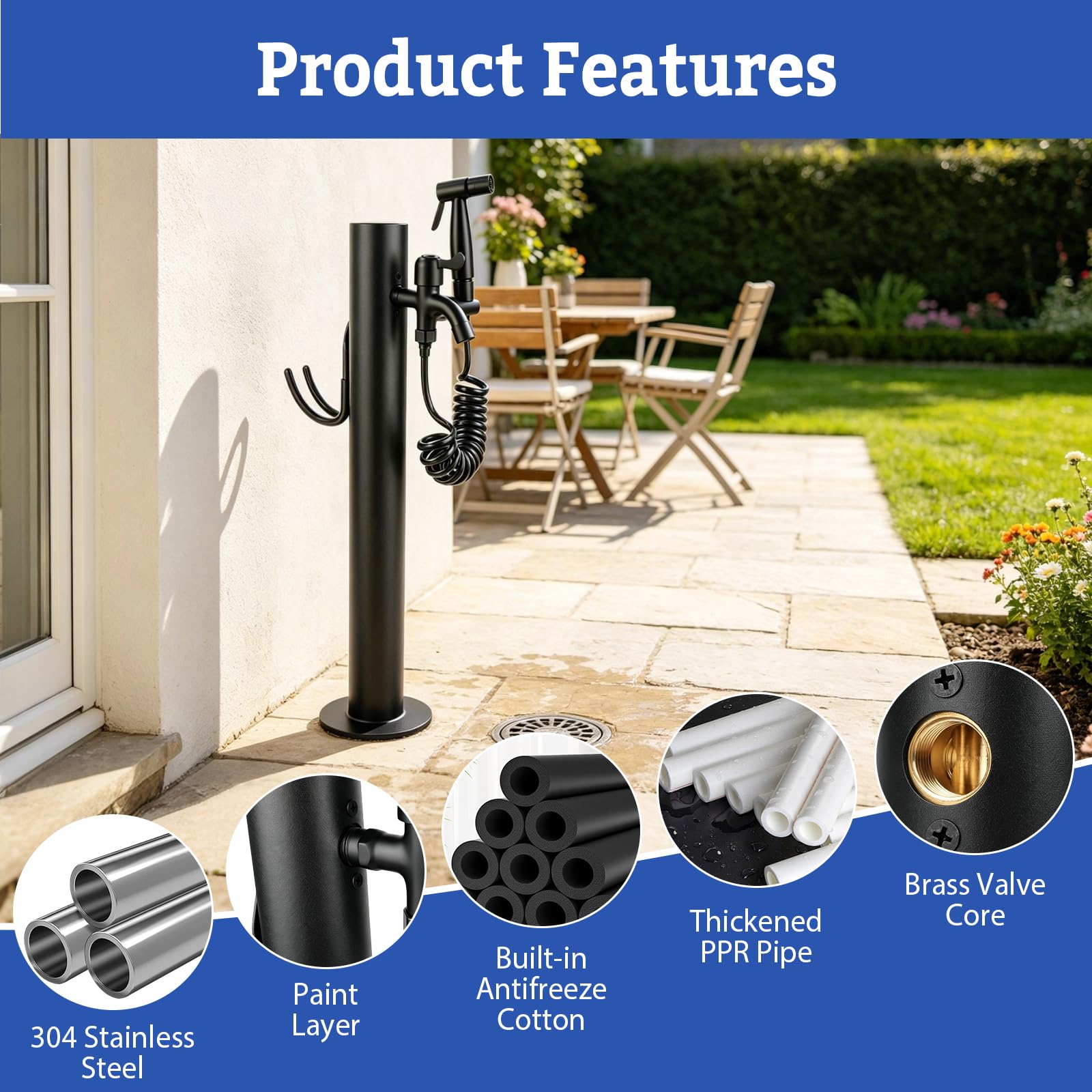 Columna de Agua Vertical para Exteriores con Grifo (Altura: 60 cm) | Hidrante cilíndrico con pistola rociadora, grifo de jardín anticongelante con soporte para manguera y base redonda