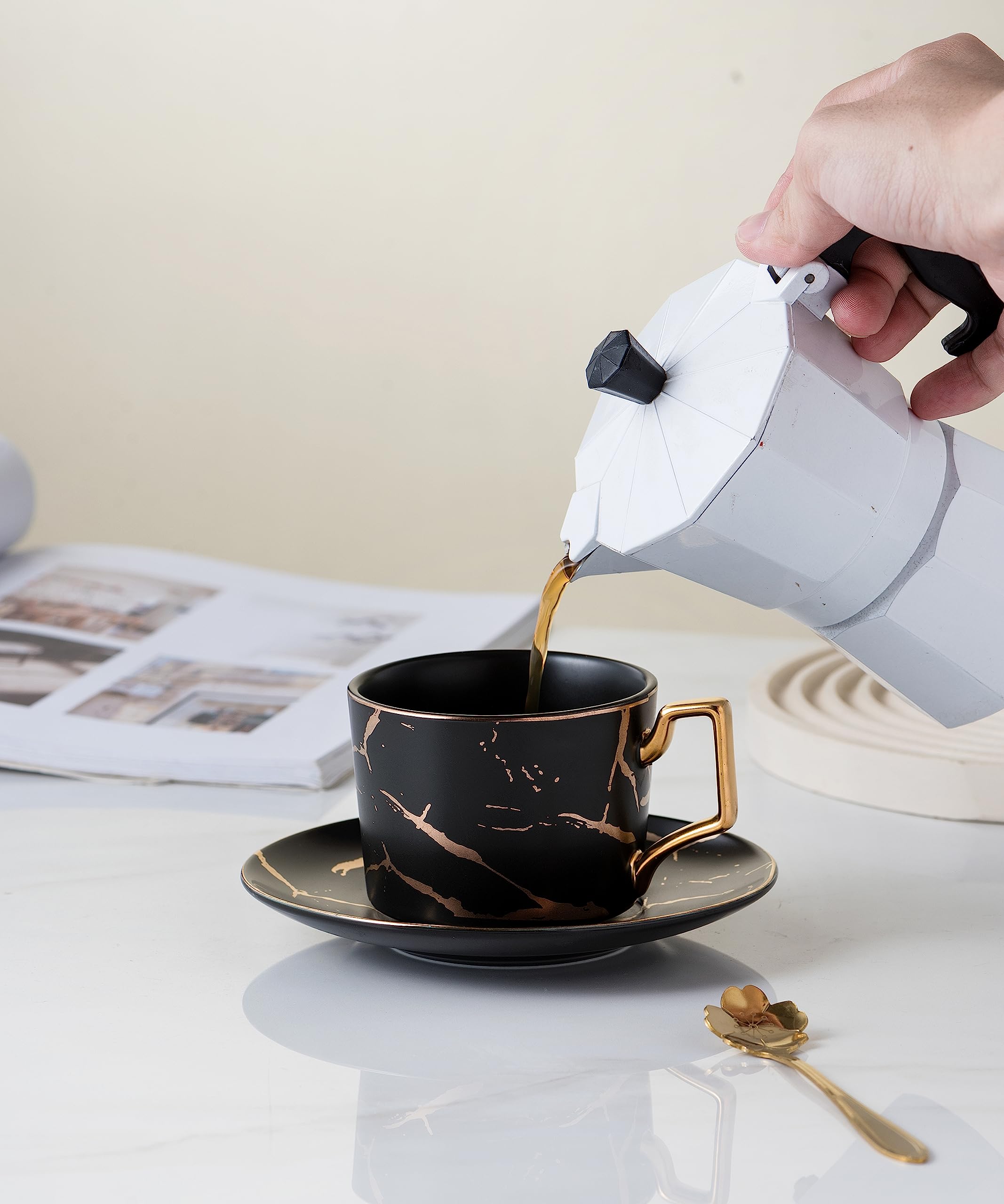 CLAY TONIC Claytonic Serve of 6-Hand Printed Golden Marble Matte Black Ceramic Tea Coffee/Tea Cups with Spoons and Cup Holder, 7OZ -CLTCS26 (White, Serve of 6)