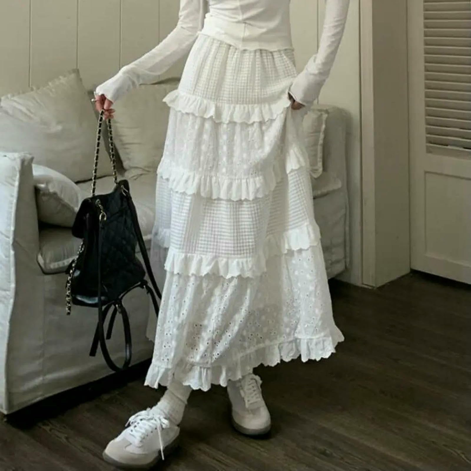 Gonna Lunga Donna Midi di Tulle Gallo all'Uncinetto Cavo Ranorbimento da A Una Galla Elastica in Vita Alta Femmina Piegata Bianca-Bianco-m