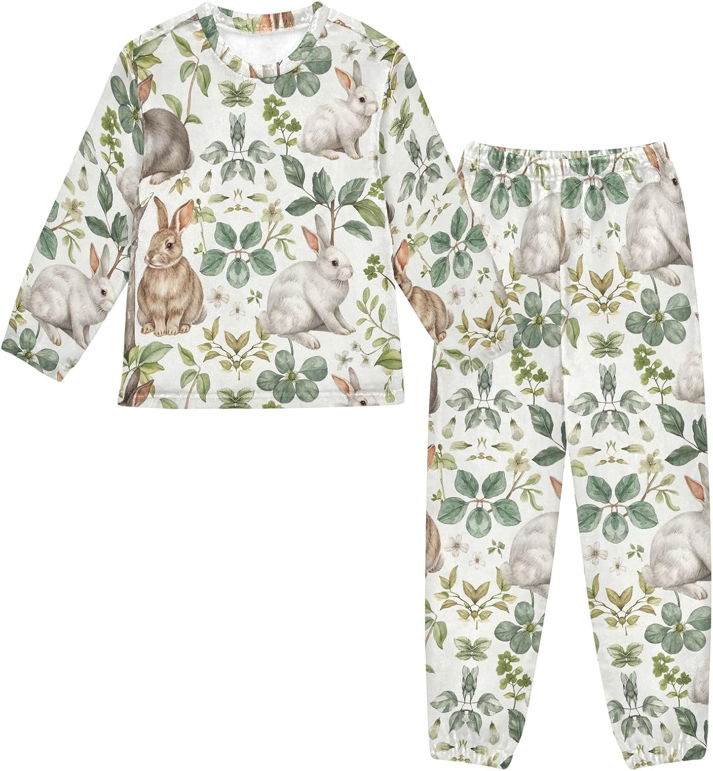 Vintage Rabbit Leaves Beige Pajama Sets, Soft Fleece Loungewear, Cozy 2 Piece Winter Sleepwear