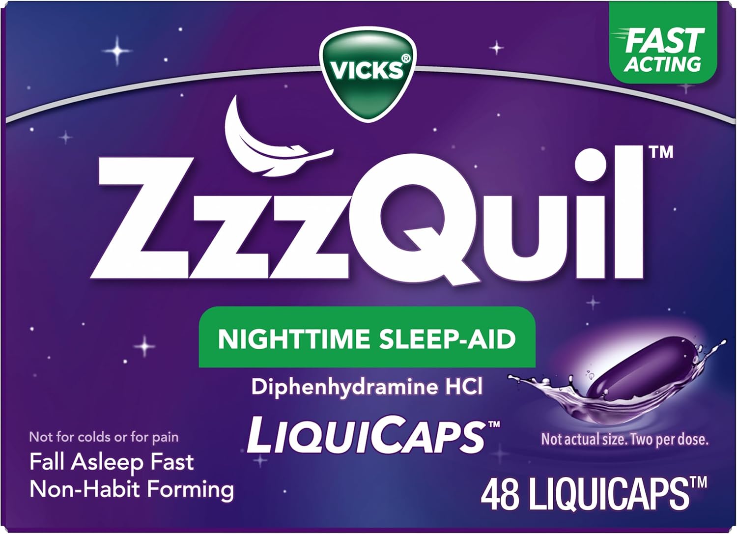 ZzzQuil, Nighttime Sleep Aid LiquiCaps, 25 mg Diphenhydramine HCl, No.1 Sleep-Aid Brand, Non-Habit Forming, Fall Asleep Fast, 48 Count