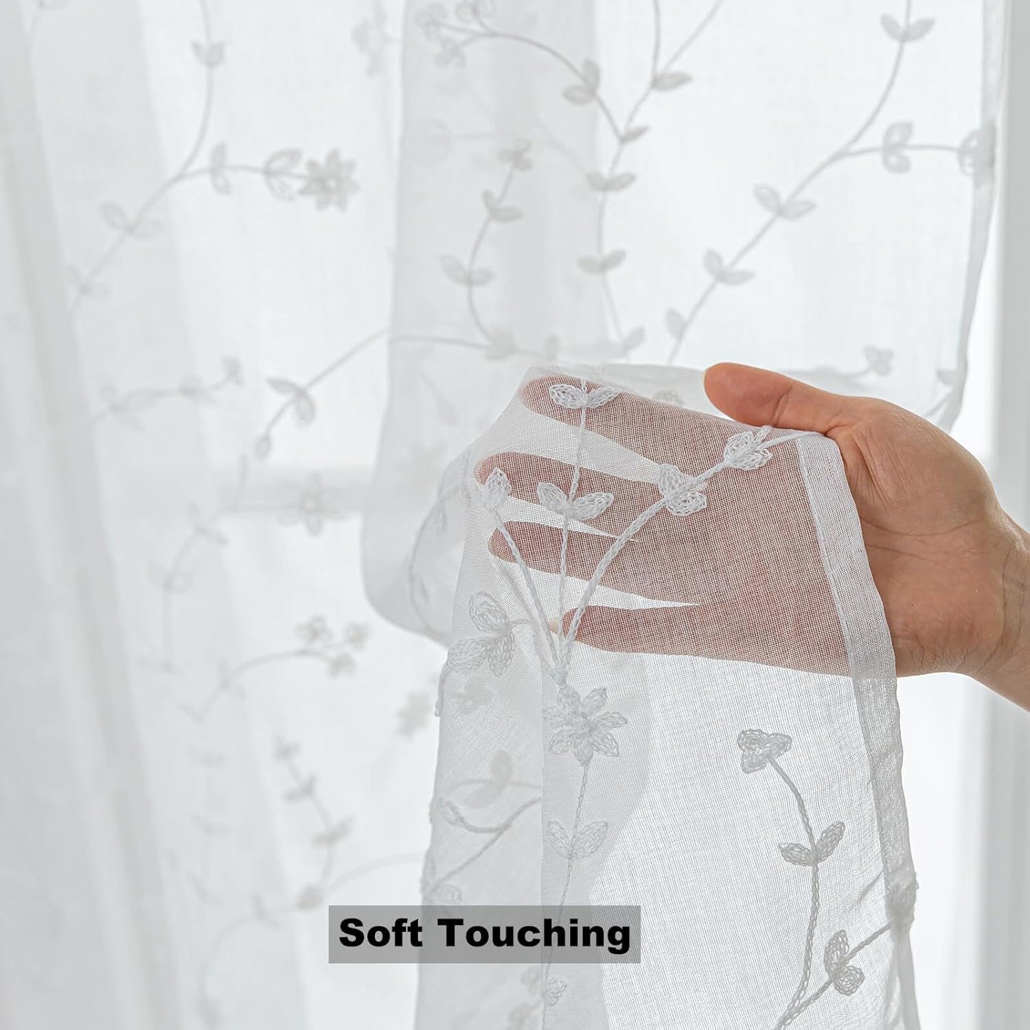 Embroidered Sheer Curtains, White Floral Leaf Embroidery Light Filtering Sheers, Elegant 96 Inch Length 2 Panels Set, Rod Pocket Patterned Window Drapes for Living Room/Bedroom