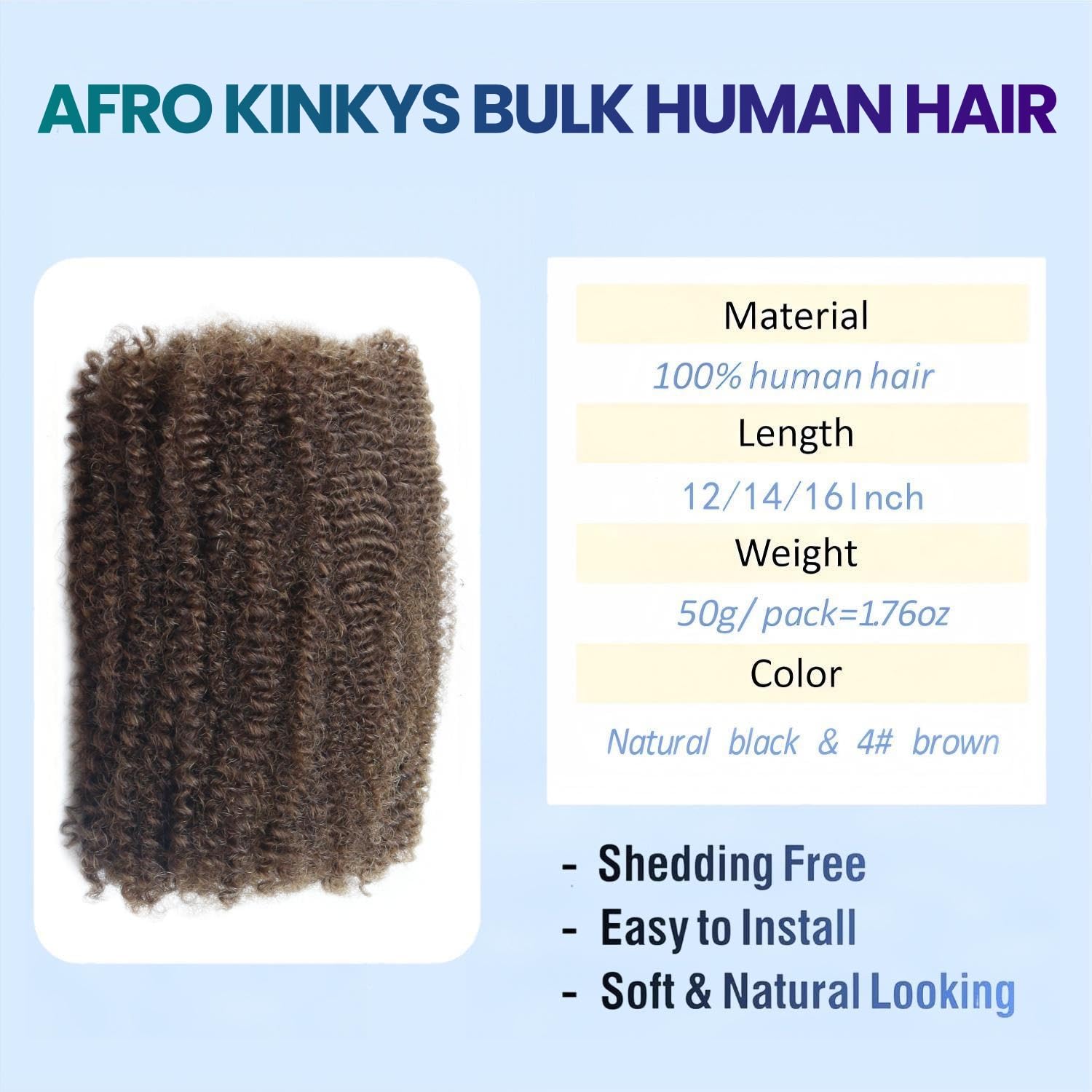 Afro Kinkys Bulk Human Hair For Braiding Brown 12inch 50g/pack Afro Kinky-Curly Human Hair Bulk for Twist Dreadlock Extensions Locs Repair Soft 4C Curly for Braids #4 Chocolate Brown
