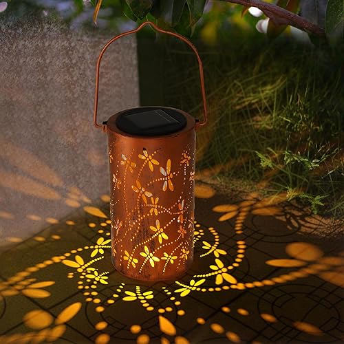 Miniatura 6 de Paquete de 2 faroles solares para exteriores, impermeables, colgantes, faroles solares de jardín retro de color blanco cálido, farol de metal hueco,