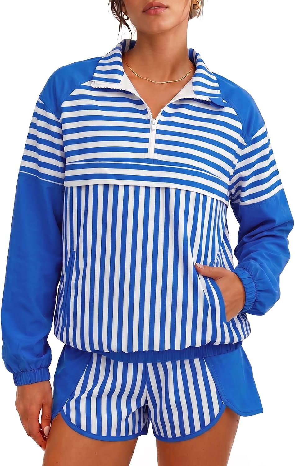 Fisoew Striped 2 Piece Sets for Women Tennis Athletic Short Set Fall Outfit | Athleisure, Oversized, Windbreaker, Preppy, 2 Piece Outfits, Pullover, Half-Zip, Running, Workout, Sweat Set, Casual, Coffee
