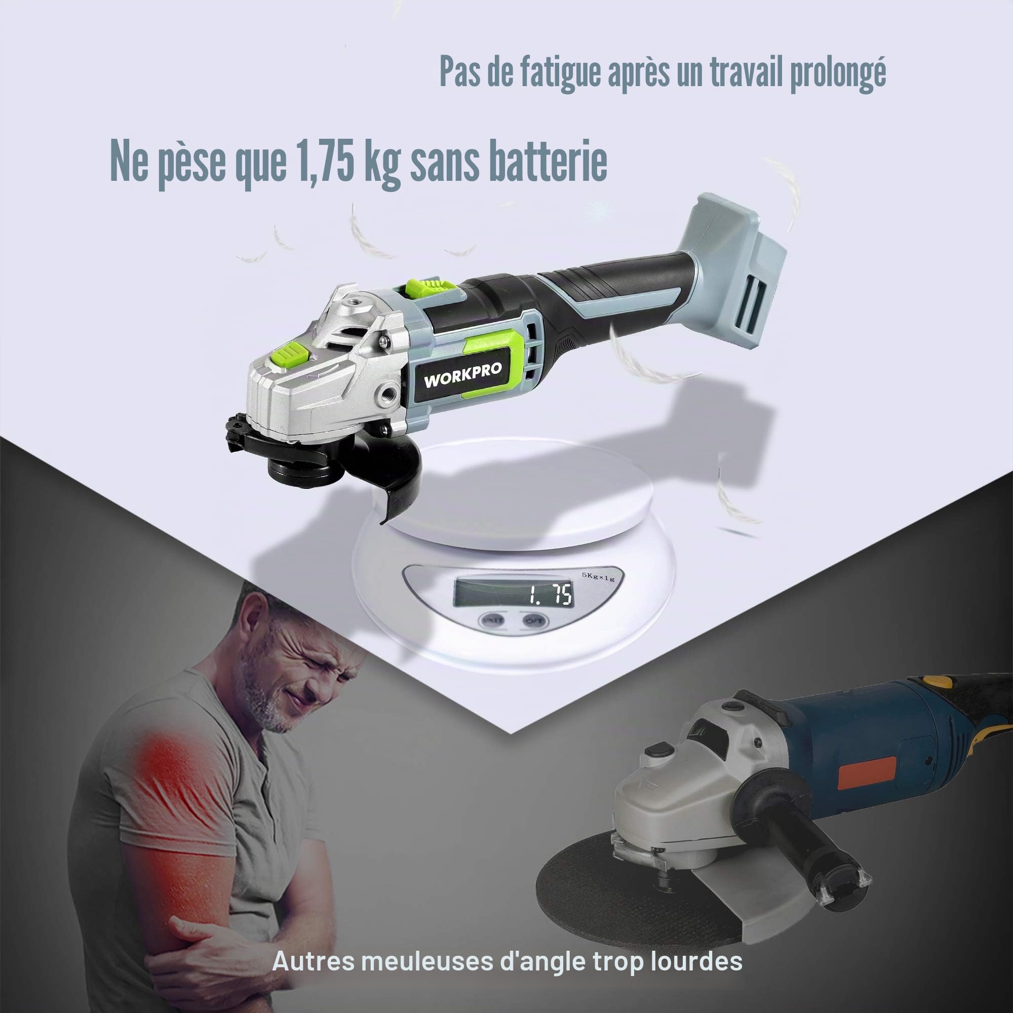 WORKPRO Meuleuse d'Angle Sans Fil 20 V Ø125 mm avec Batterie 4,0 Ah | avec 5 Disques à Tronçonner, 2 Capots de Protection et Poignée Auxiliaire, pour Coupe et Meulage