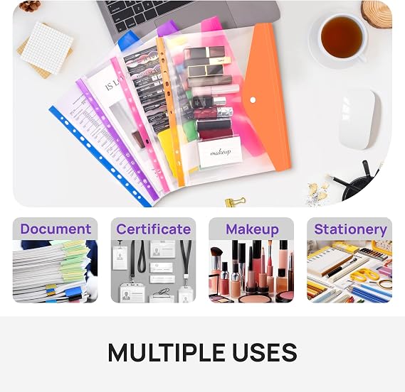 A4 Plastic Wallets, 12 Pcs, Horizontal Opening Design, 6 Colours