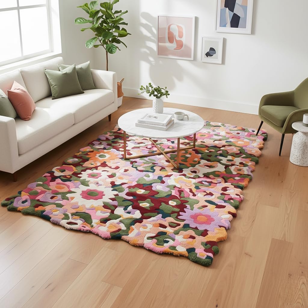 Handmade Colorful Floral Viscose & Wool Area Rug - Spring Garden Overflow The Frame - Unique Irregular Shape Flower Rug | for Home Decor (Colorful-Viscose, 2.6' x 8')