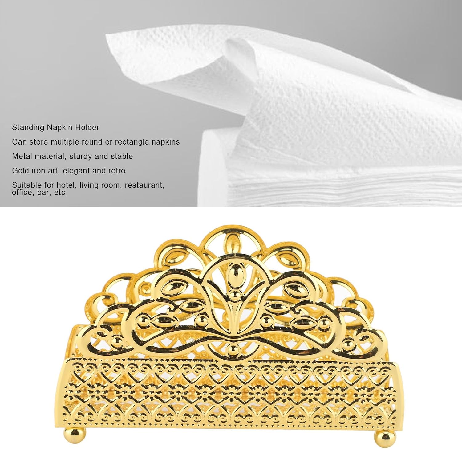 Standing Napkin Organizer, Anti Corrode Iron Material Versatile Uses Robust Metal Construction Desk Napkin Holder for Hotel Restaurant(Gold Plaid Pattern) (Grid Pattern) image 2