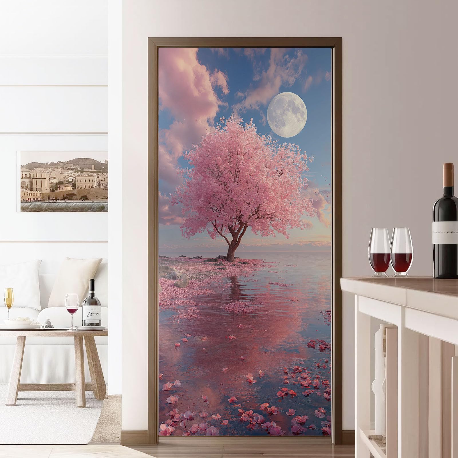 Naklejki na drzwi 3D natura krajobraz, samoprzylepny plakat z PCV wzór jeziora wiśnia w kwiaty księżyc, różowe naklejki na drzwi tapeta dekoracyjny plakat wewnętrzny do sypialni kuchni, 90 x 200 cm