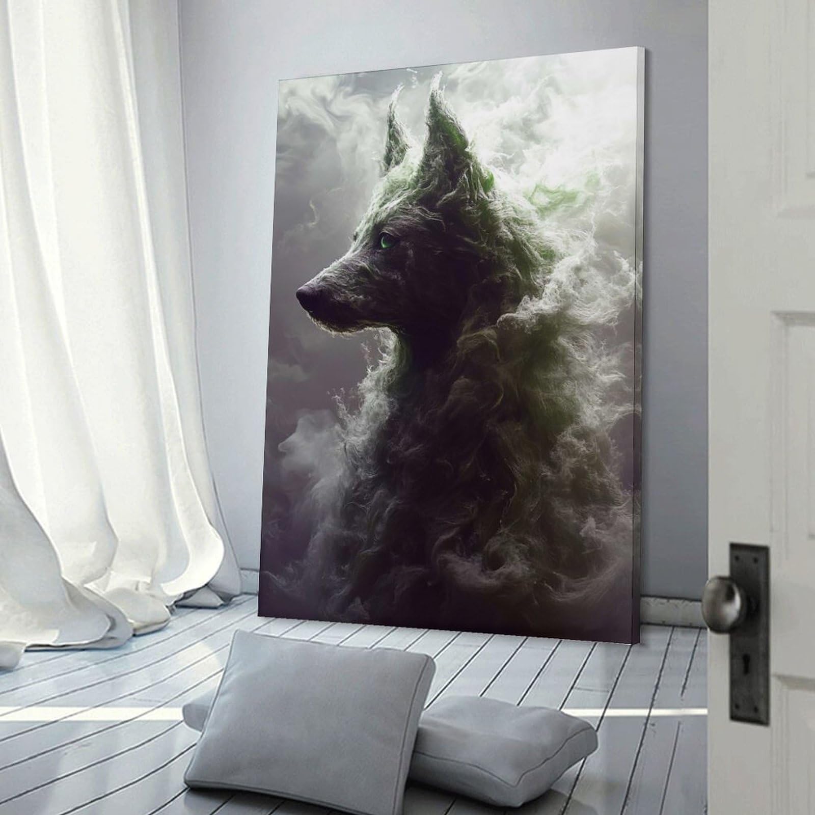 Junmoney Frame-Style-21 Ethereal Wolf In Smoke Canvas Wall Picture, 08X12inch(20X30cm), For Study, Office Or Focused Interiors, Home Office Artwork With Decorative Appeal