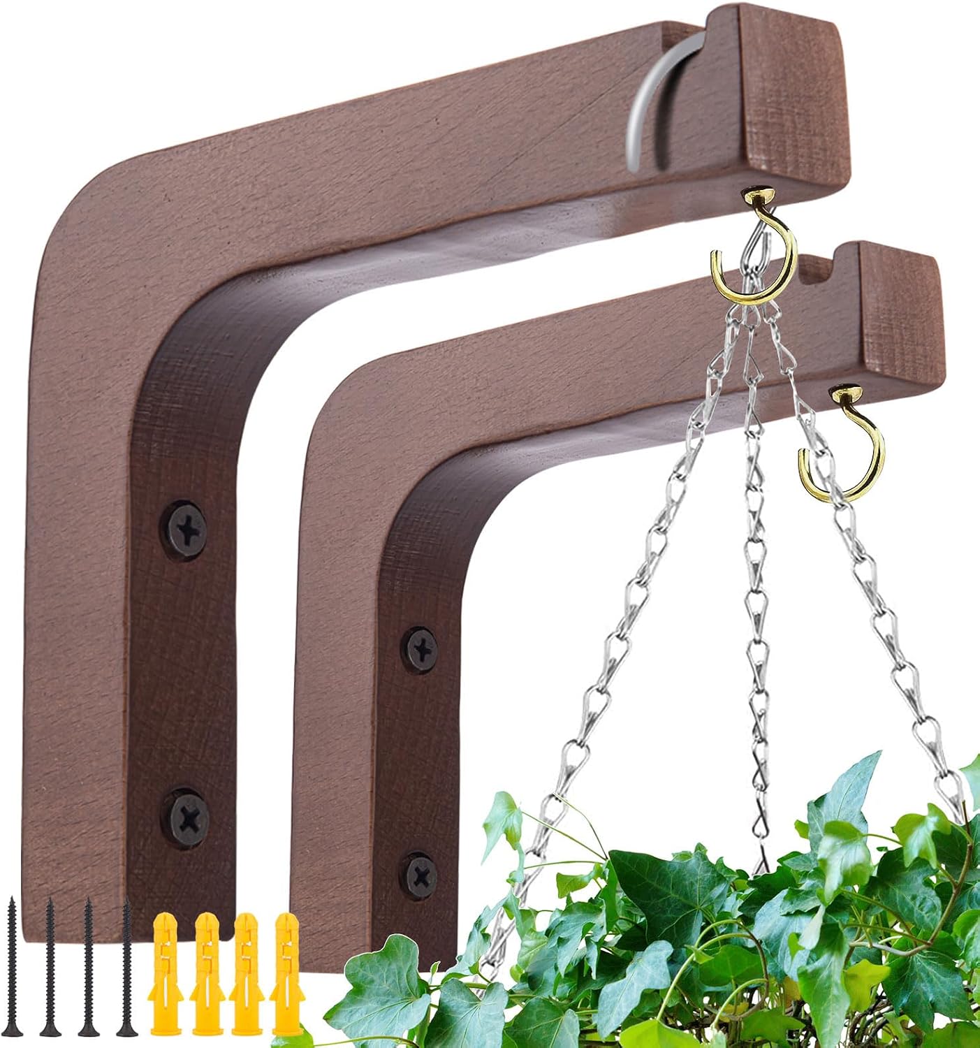 2 Pack Wooden Wall Hooks, Plant Hangers Indoor,6-Inch Wall Mounted Hanging Plant Hooks for Planters, Lanterns, Flower Bracket, Wind Chimes Burlywood Color