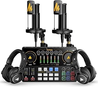 MAONO Podcast Equipment Bundle for 2: Audio Interface Mixer with 2 XLR Condenser Mic and 2 Headphone Podcast Streaming MaonoCaster E2 Gen2+2*PM320T+2*MH700