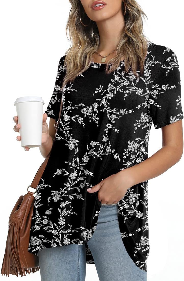 POPYOUNG Women's Summer Long Tunic Top To Wear With Leggings Short Sleeve Shirt Loose Fit Dressy - Image 2