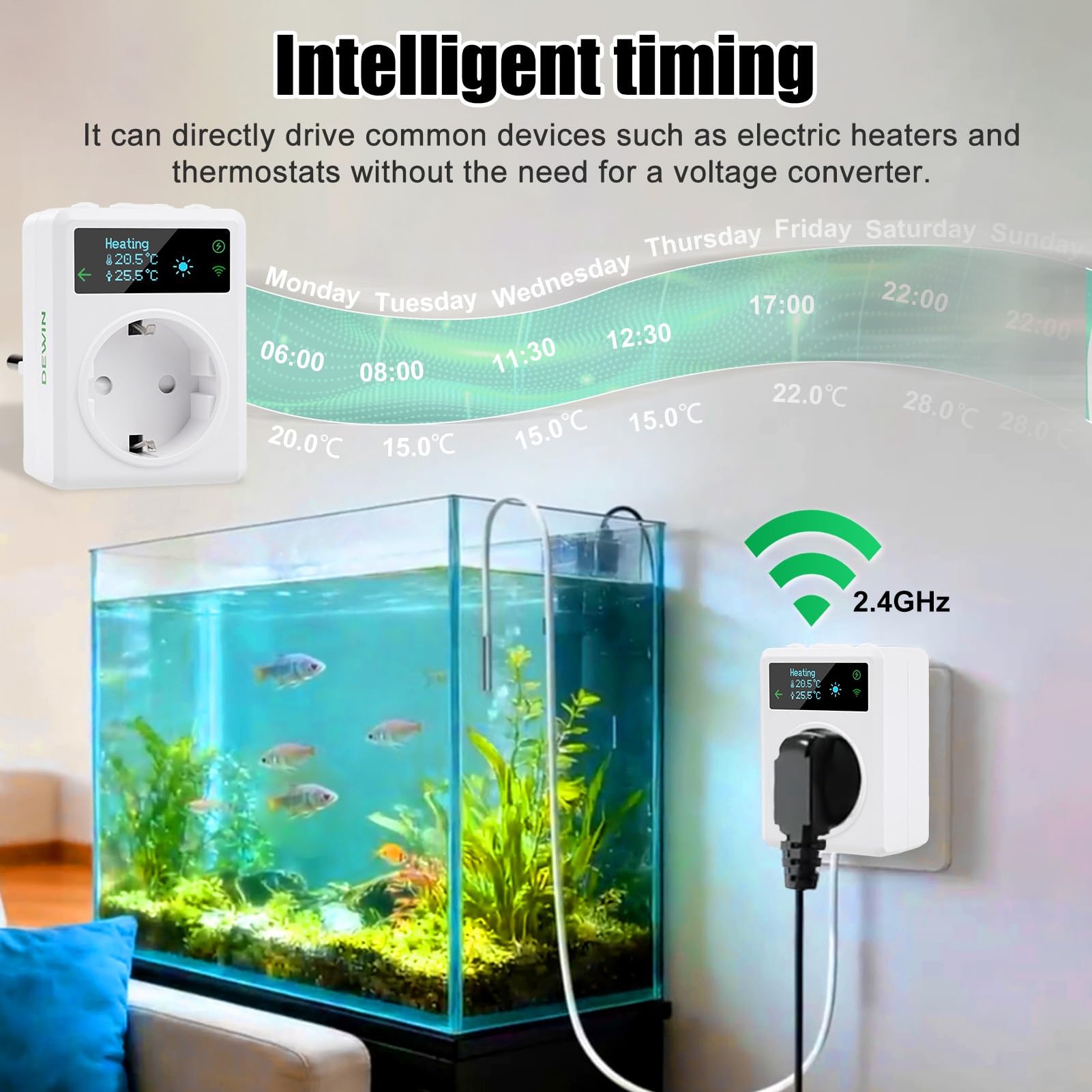 DEWIN Inteligente Enchufe de Termostato con Sonda, 2.4GHz WiFi Controlador de Temperatura de termostato de Enchufe 220V 16A Calefacción y Refrigeración Compatible con Control Remoto y Control por Voz
