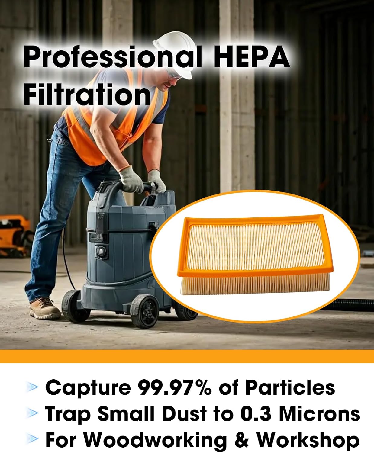 Flat HEPA Filter Replace VF130H Fit for Bosch Dust Extractors VAC090 & VAC140 Series, High-Efficiency Filter for Jobsite & Workshop, 1-Pack Only for Dry-Vacuuming Easy to Install