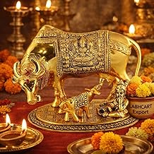 Sheela Handcrafted Brass Golden Kamdhenu Cow with Calf, Vastu Gau MATA Idol, Spiritual Vastu Nandi Pooja Figurine Sculpture, Kamdhenu Cow & Calf Idol for Home and Office