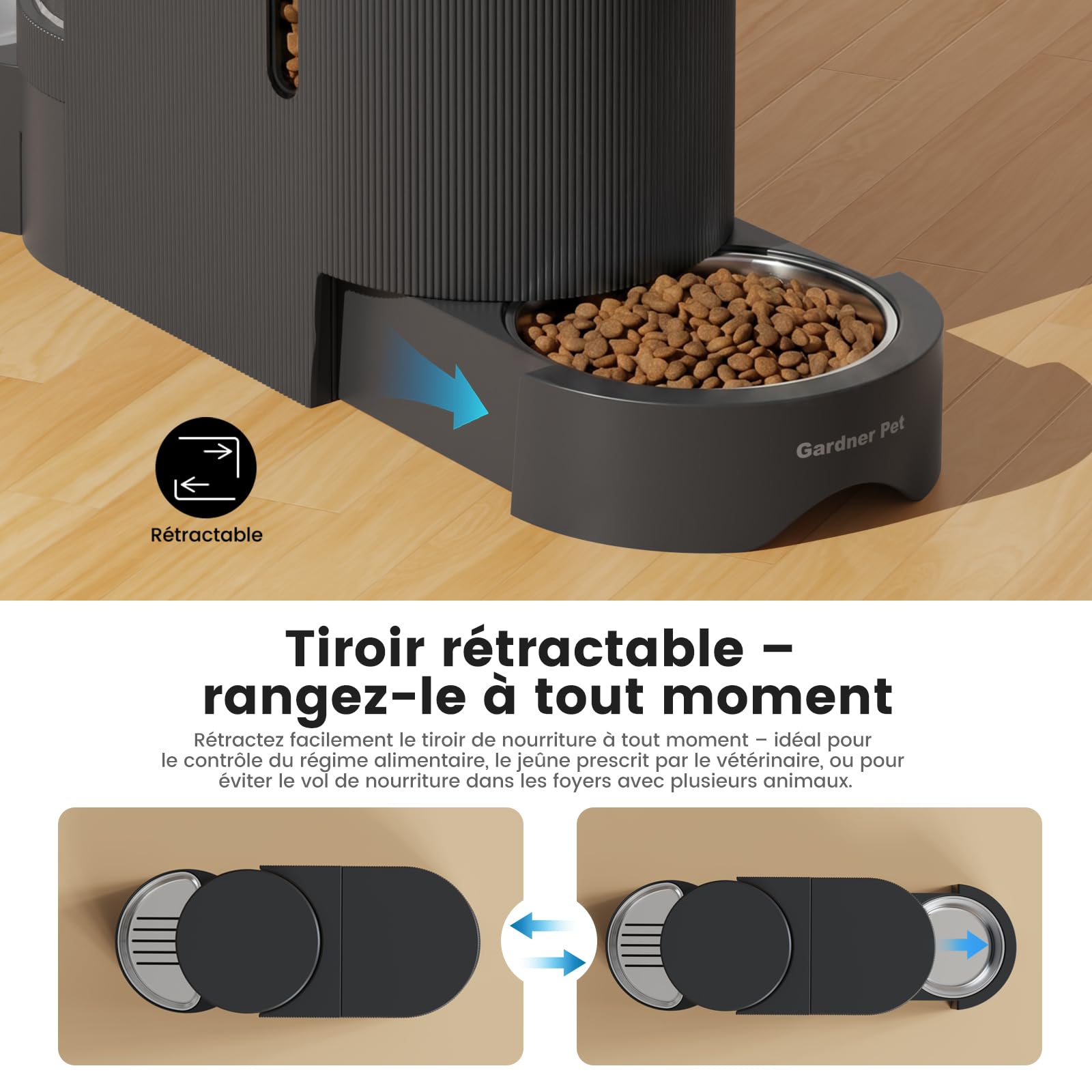 Gardner Pet 2-en-1 Distributeur Croquette Eau Chat Automatique 3Lx2 Gris | Distributeur par Gravité Non Électrique, Gamelle Acier Inoxydable, Sans BPA Angle Réglable, Tiroir Rétractable, Chat Chien