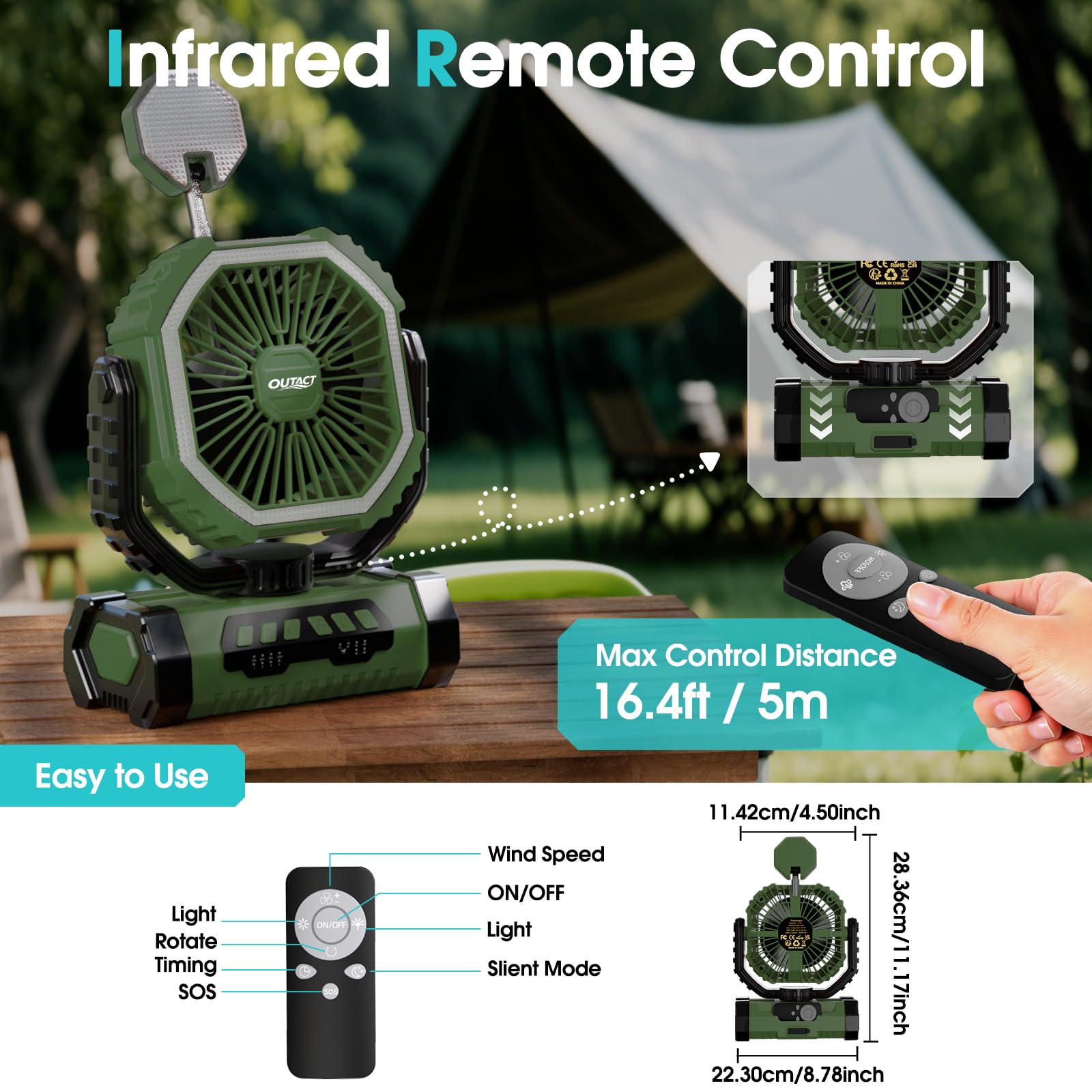 Camping Ventilator 20000mAh, Wiederaufladbarer Tischventilator USB Ventilator mit LED Licht & Haken, 270° Drehung mit Fernbedienung, Camping Fan für Indoor, Outdoor, Zelt, Grillen, Strand - Grün