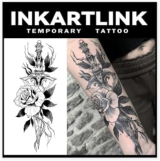 INKARTLINK Tattoo Tech, 2 Sheets Large Semi Permanent Tattoo, Adult Art Design Temporary Tattoos, Lasts 1-2 Weeks, Waterproof, Realistic Look, No Adhesive, No Reflection (Flower and Sword Design)