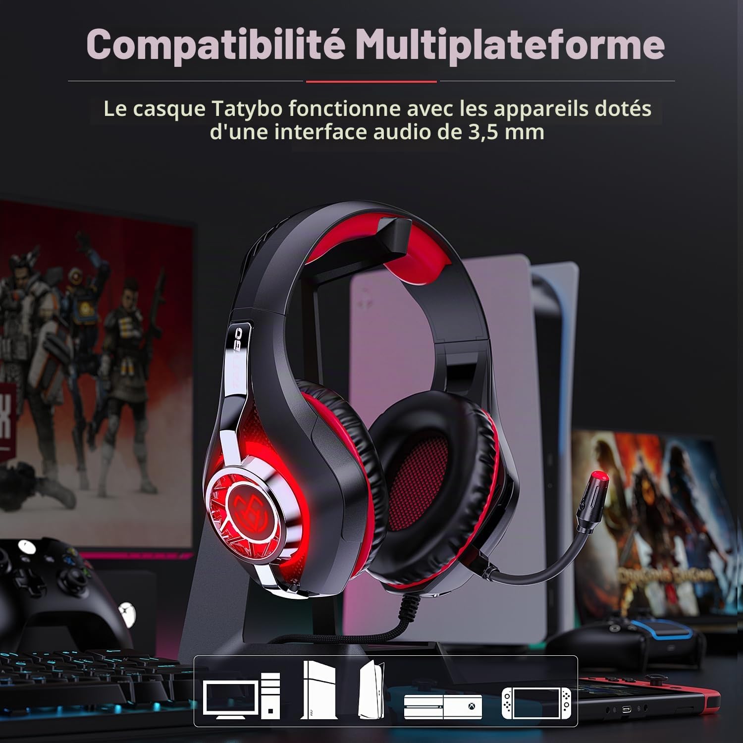 Casque Micro Gaming PS4, Casque Xbox One Ultra-Léger Son Surround Stéréo Durable Flexible Micro et Réglage du Volume Compatible pour PC Switch