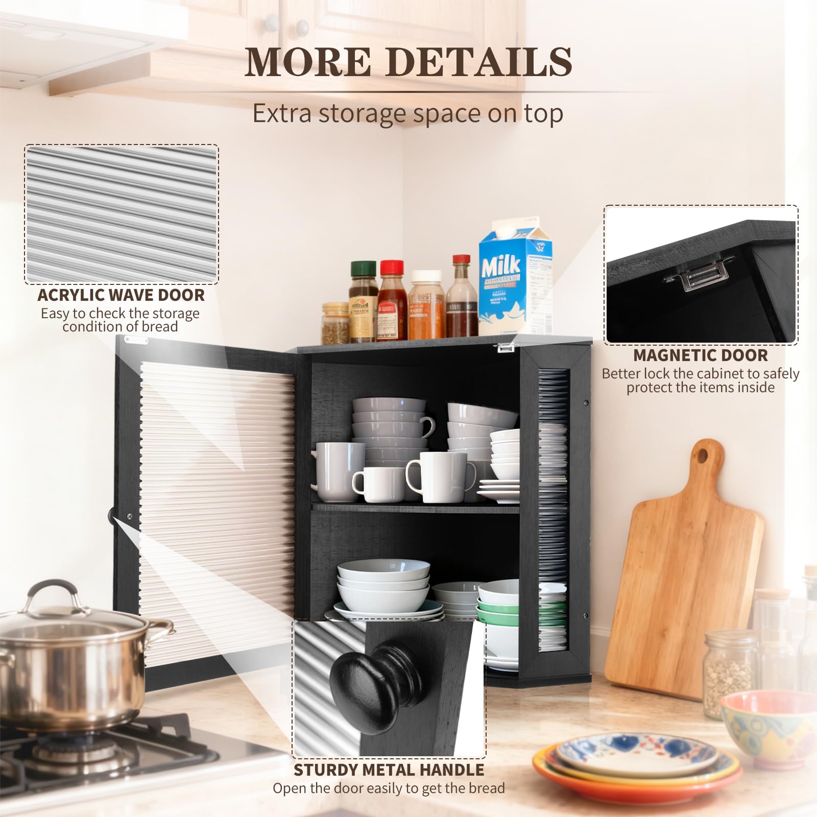 Panera esquinera extra grande – Panera de bambú para encimeras de cocina, almacenamiento y organizador de pan de cocina de gran capacidad con ventana ondulada acrílica corrugada (negro)