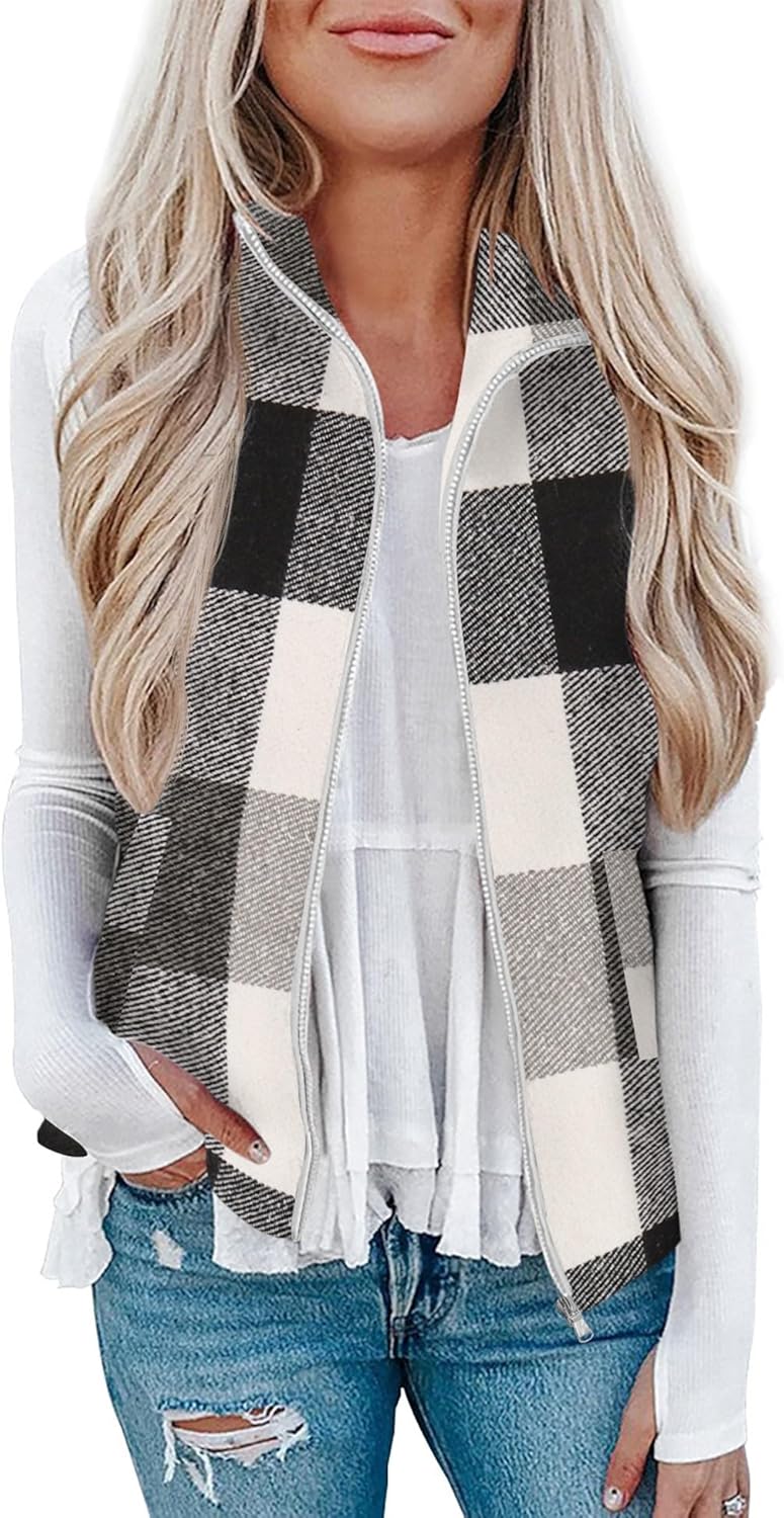 Rapbin Women's Plaid Outerwear Vests Tops Zip Up Collared Sleeveless Jacket with Pockects