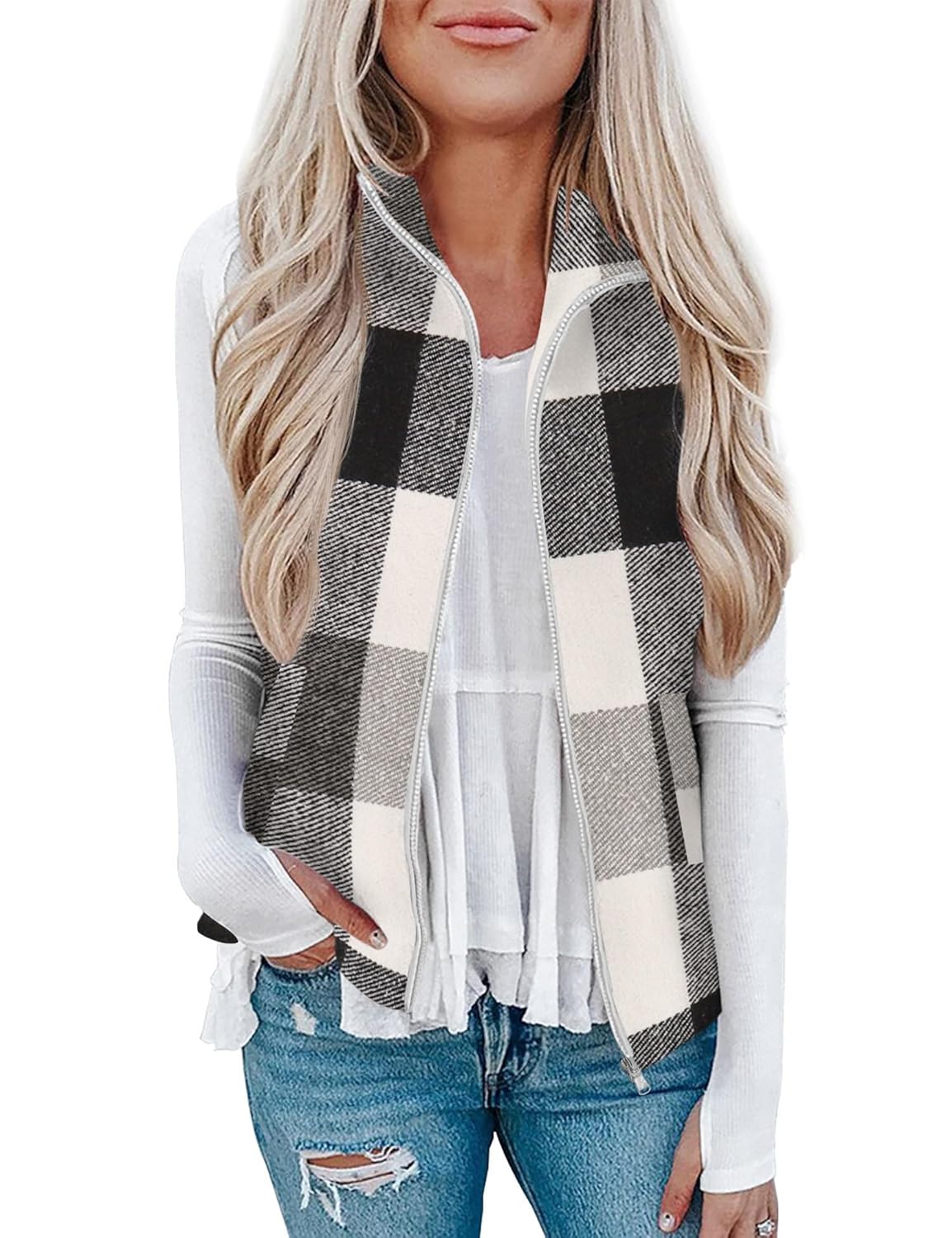 Rapbin Womens Plaid Outerwear Vests Tops Zip Up Collared Sleeveless Jacket with Pockects