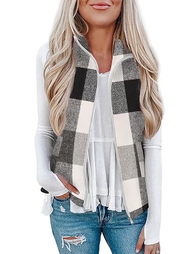 Rapbin Women's Plaid Outerwear Vests Tops Zip Up Collared Sleeveless