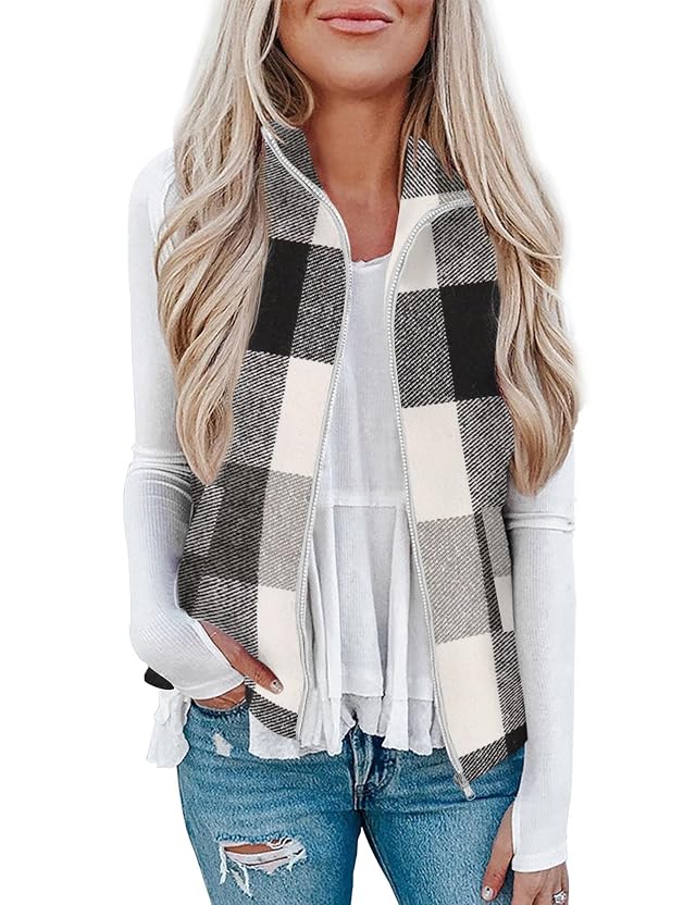 Rapbin Womens Plaid Outerwear Vests Tops Zip Up Collared Sleeveless Jacket with Pockects