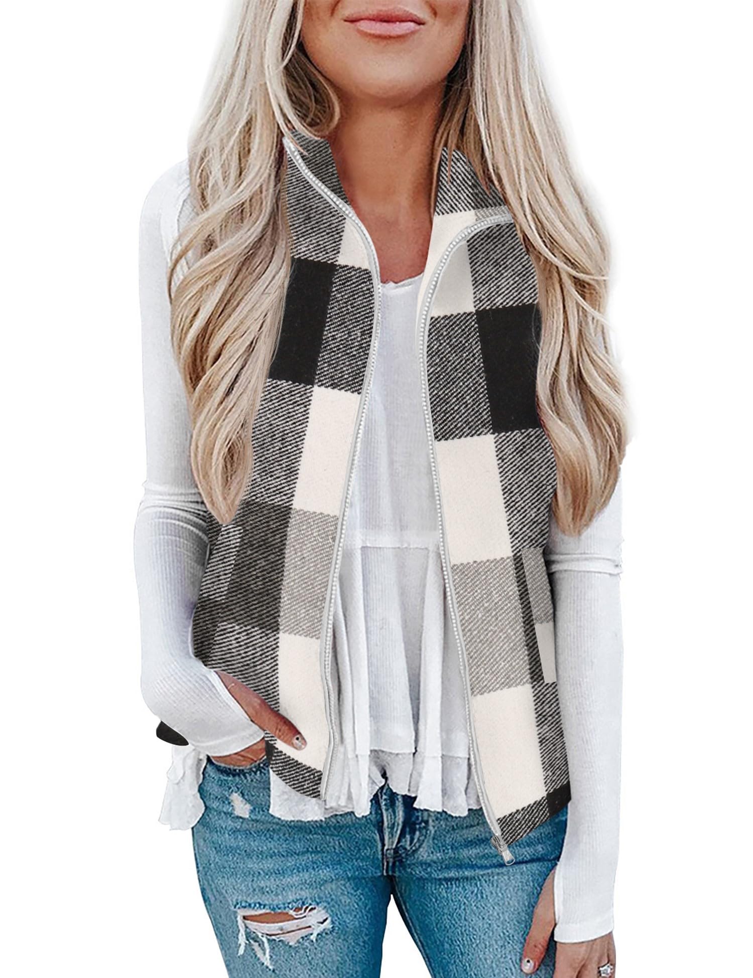 Rapbin Womens Plaid Outerwear Vests Tops Zip Up Collared Sleeveless Jacket with Pockects
