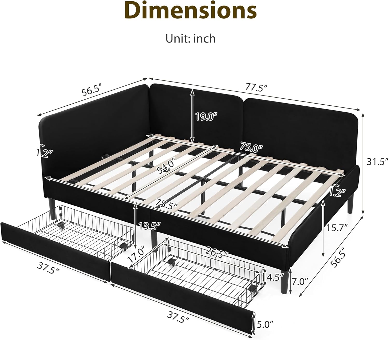 DEINPPA Full Size L-Shape Corner Bed Frame with 2 Storage Drawers, Velvet Upholstered Daybed with Soft Headboard for Bedroom Nook, No Box Spring Needed-Black