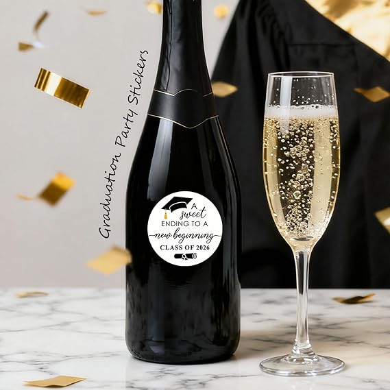 120 Pack Graduation Stickers Black & White Sweet Ending to A New Beginning Class of 2026 Round Gift Tags, 1.6 Inch Invitation & Favor Labels for Graduation Party Decorations